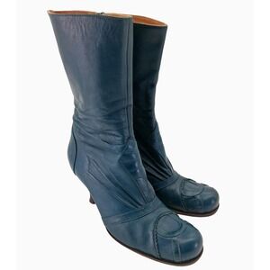 Chie Mihara Boots Womens EU 38 US 8 Blue Green Leather Mid Zip Spool Heel Spain